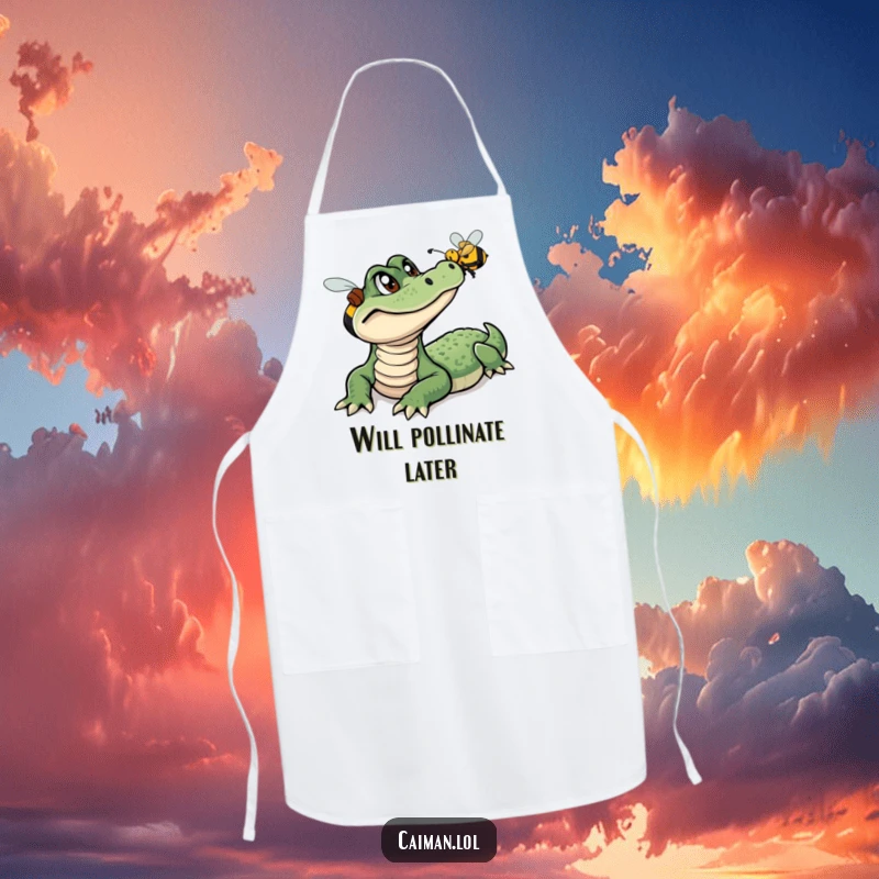 Funny Caiman Apron, a humorous kitchen garment featuring a curious caiman watching a buzzing bee, ideal for cooking with a smile.