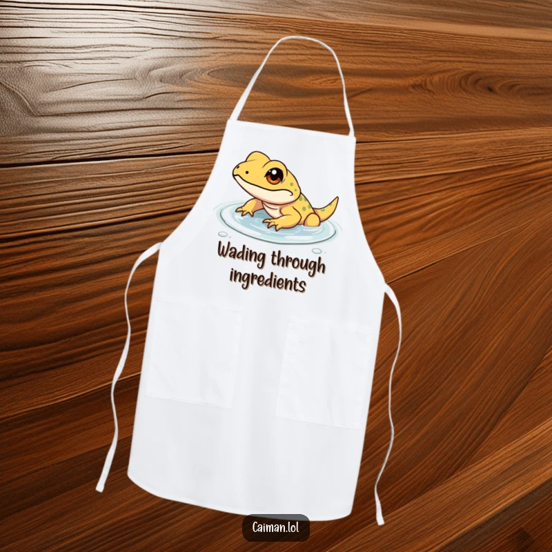 Funny apron showing a determined, small reptile with a focused gleam, resolutely wading through shallow, clear water, ready for kitchen tasks.