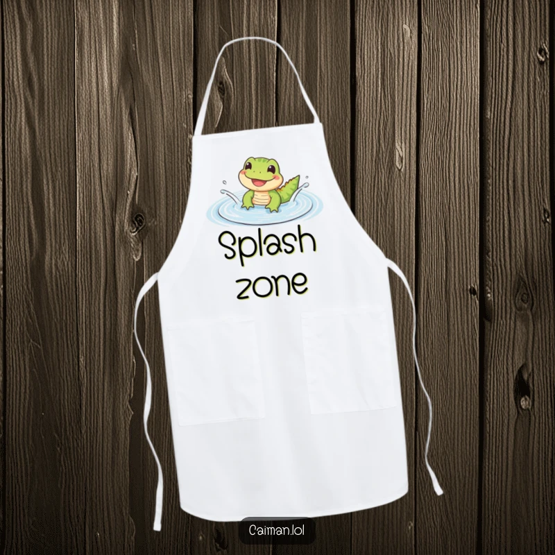 Funny Apron with a small, cute reptile with a wide, happy grin splashing in a gentle, rippling puddle, ready for kitchen joy.