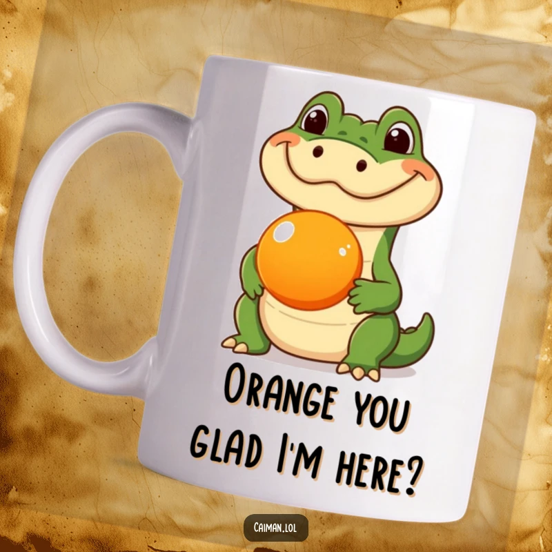 Funny Caiman Mug, a silly caiman with a funny expression on its face, balancing a round orange fruit perfectly on its snout.