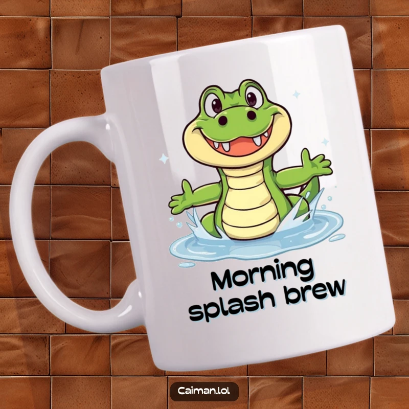 Funny Caiman Mug: A friendly caiman with a wide grin joyfully splashing in a sparkling puddle, full of playful energy.