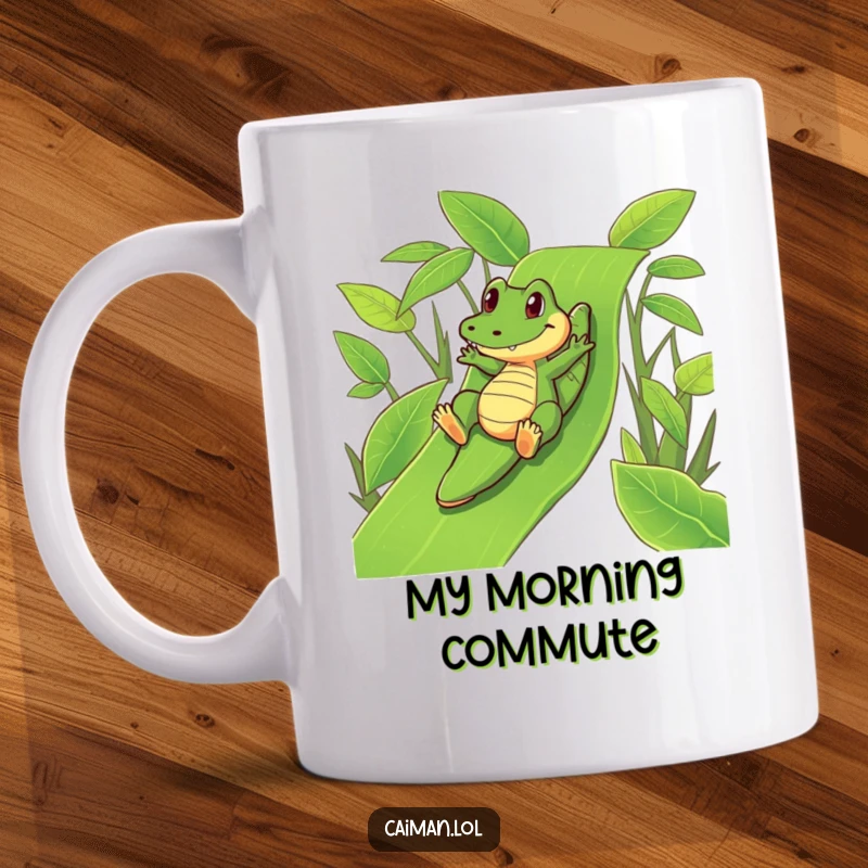 Funny Caiman Mug: A playful caiman gleefully sliding down a vibrant, green leafy slide in a humorous, action-packed scene.