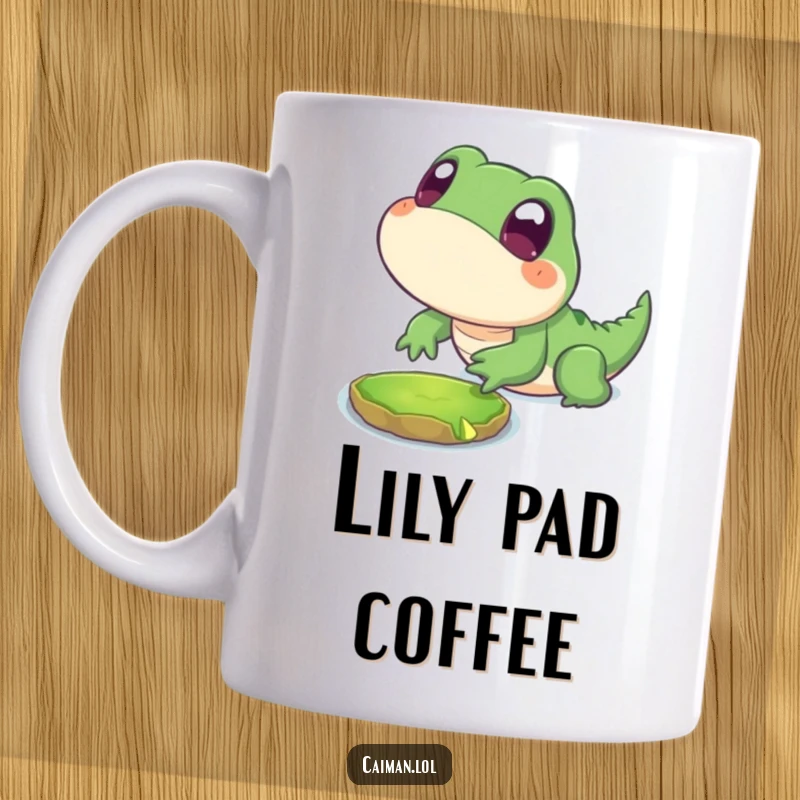 Funny Mug featuring a chubby, stylized reptile with big, innocent eyes playfully lunging towards a floating lily pad.