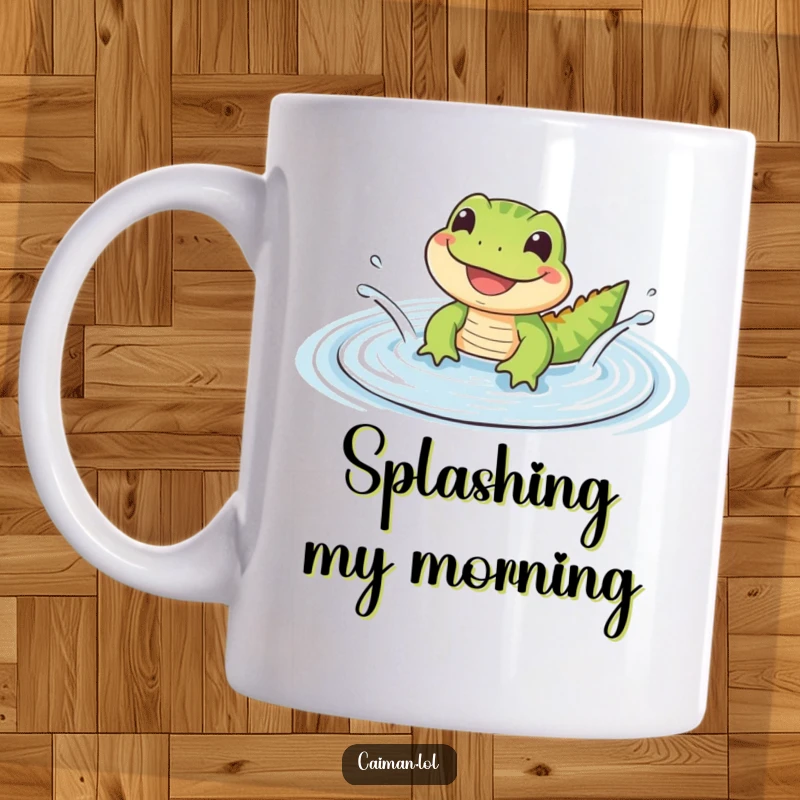 Funny Mug showing a small, cute reptile with a wide, happy grin splashing joyfully in a gentle, rippling puddle.