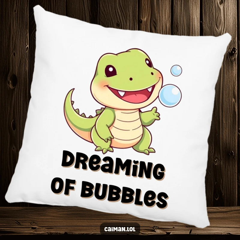 Funny pillow with a cheerful, toothy reptile and stubby tail playfully snapping at a tiny floating bubble, perfect for adding whimsy to any room.
