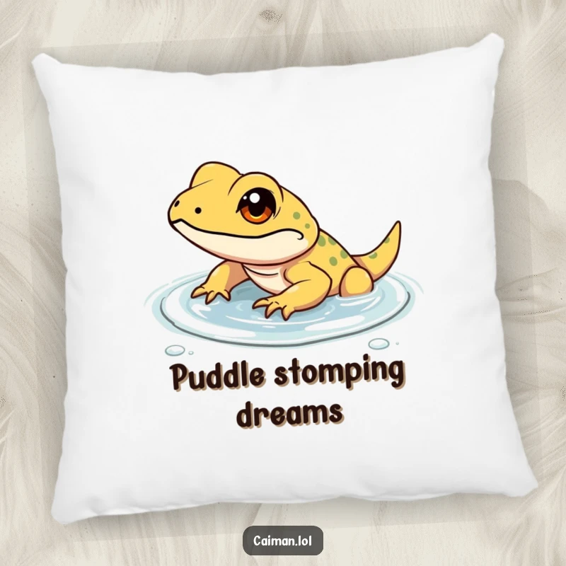 Funny pillow with a determined, small reptile with a focused gleam, wading through shallow, clear water, embodying resilience and purpose.