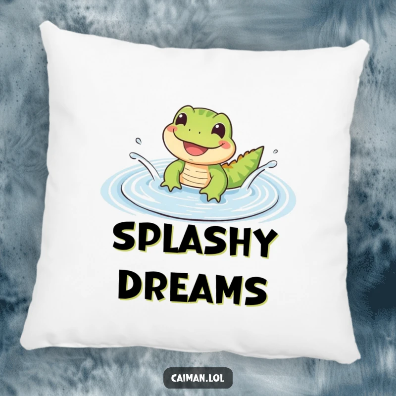 Funny Pillow featuring a small, cute reptile with a wide, happy grin splashing in a gentle, rippling puddle, offering comfort.