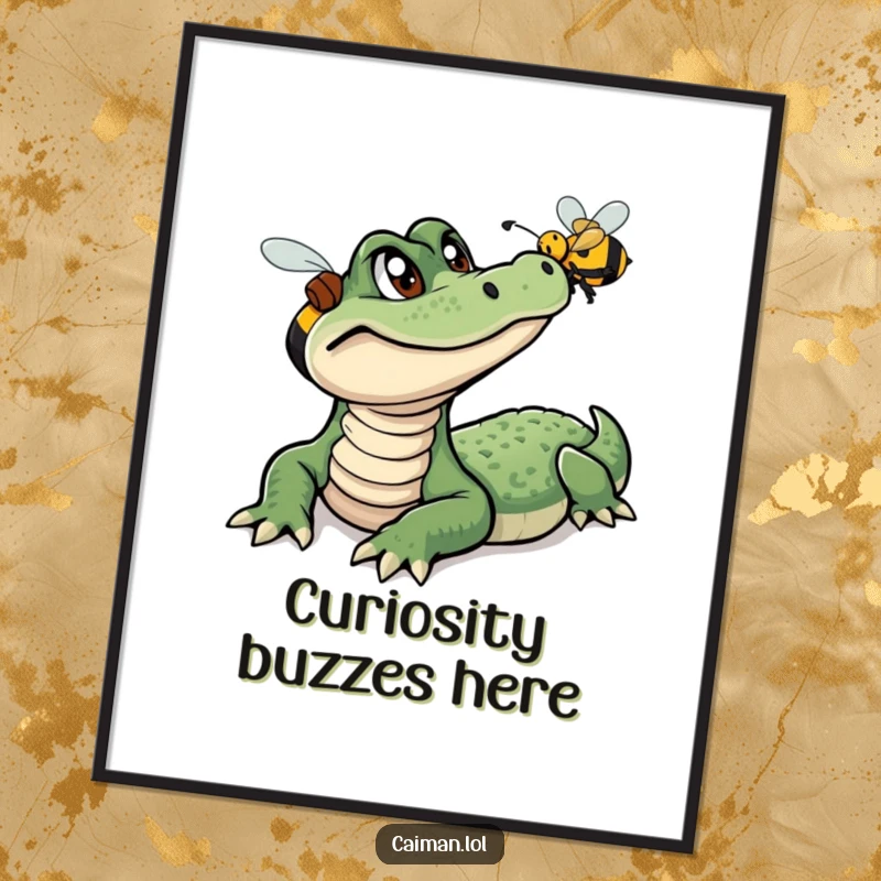 Funny Caiman Digital Art Print, a humorous illustration of a curious caiman intently watching a colorful, buzzing bee, ready to be printed.