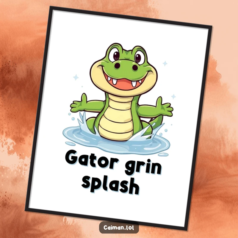 Funny Caiman Digital Art Print: A humorous caiman with a wide grin splashing in a sparkling puddle for instant cheer.