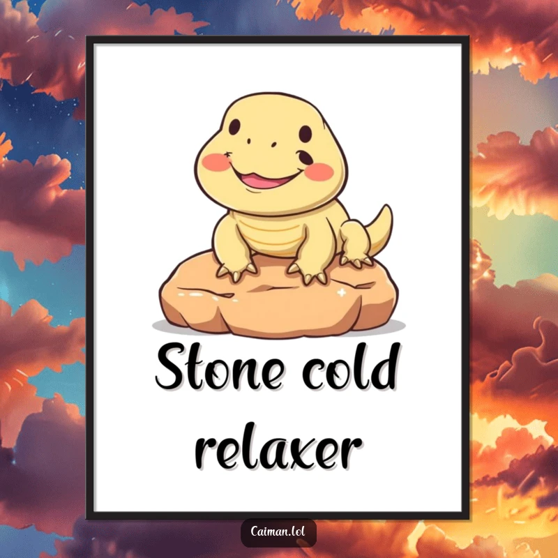 Funny digital art print of a round, friendly reptile with a big smile, sunning contentedly on a warm stone, capturing pure joy.