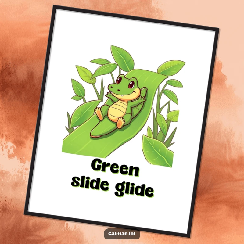 Funny Caiman Digital Art Print: A humorous caiman playfully sliding down a vibrant, green leafy slide for instant fun.