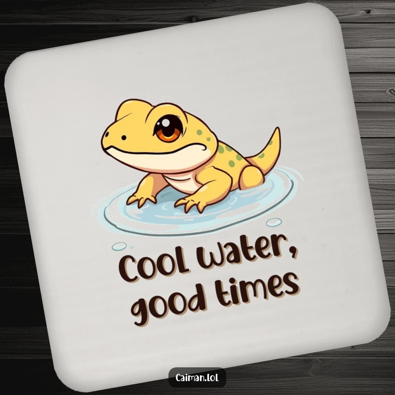 Funny drink coaster with a determined, small reptile with a focused gleam, wading through shallow, clear water, symbolizing purpose and grit.