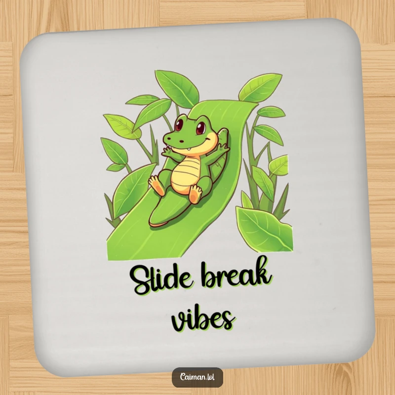 Funny Caiman Coaster: A humorous coaster showing a funny caiman playfully sliding down a vibrant, green leafy slide.