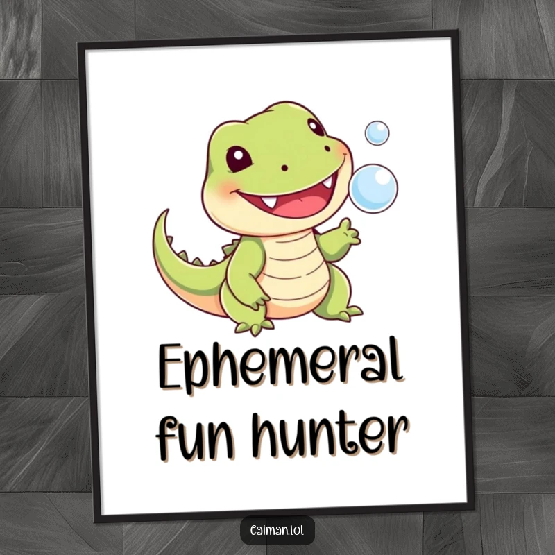 Funny poster of a cheerful, toothy reptile with a stubby tail playfully snapping at a tiny floating bubble, capturing a moment of pure amusement.