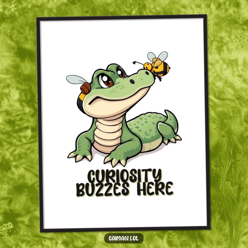 Funny Caiman Poster, a high-quality print of a curious caiman with wide eyes, focused on a colorful, buzzing bee, adding humor to decor.