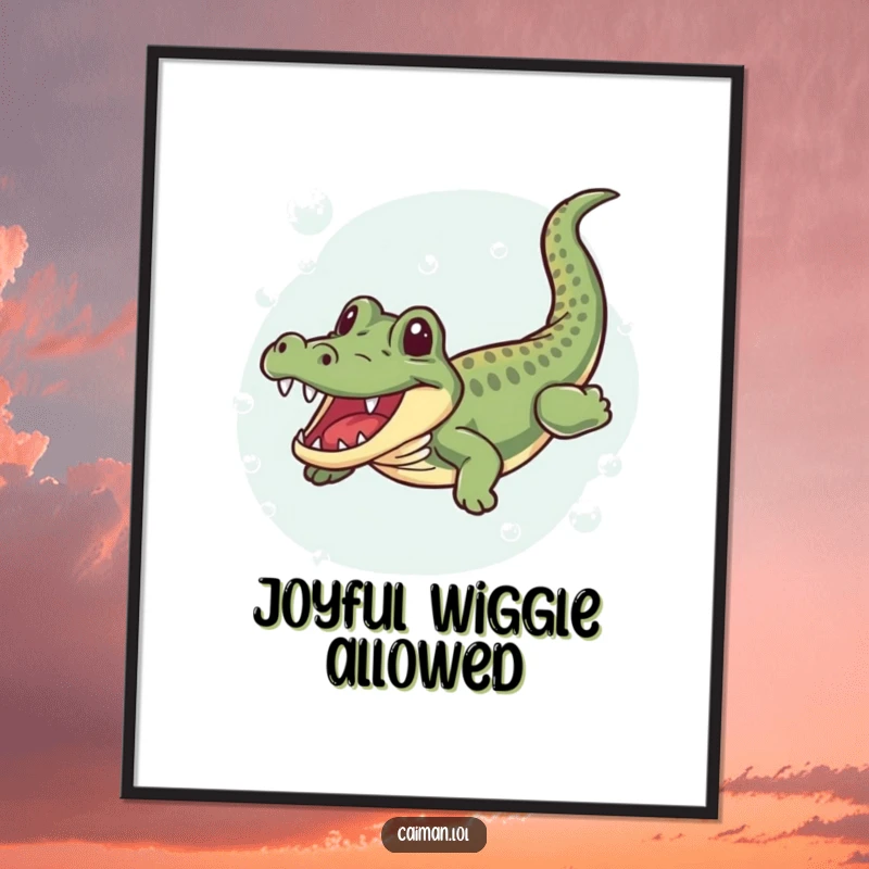 Funny Caiman Poster, a humorous artwork of a caiman joyfully swimming and wiggling through clear, bubbly water, adding cheer to any room.