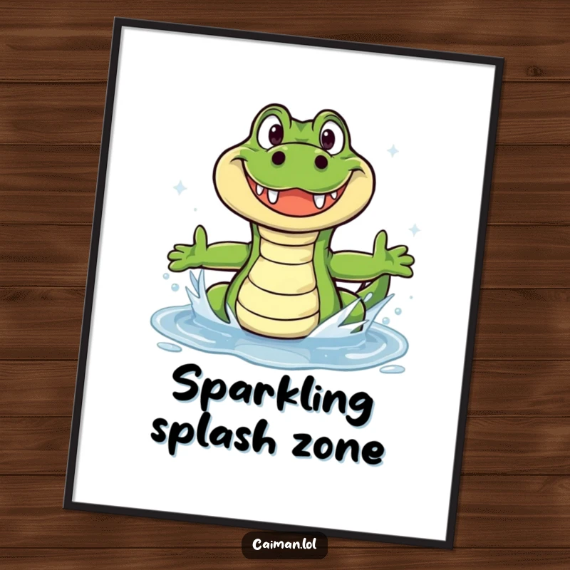 Funny Caiman Poster: An artistic print of a funny caiman with a wide, friendly grin splashing enthusiastically in a sparkling puddle.