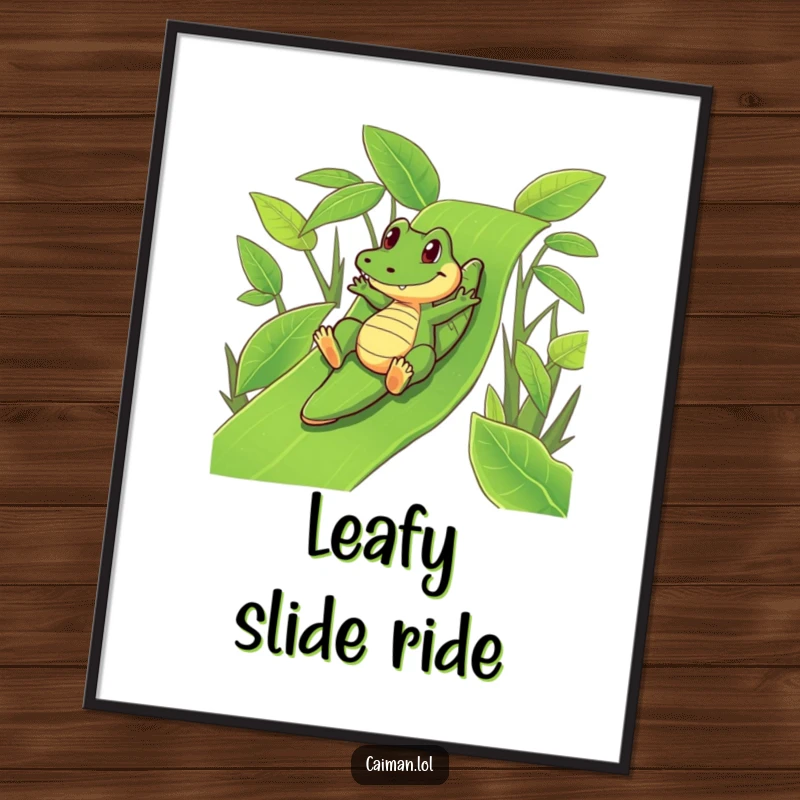 Funny Caiman Poster: An artistic print of a funny caiman playfully sliding down a vibrant, green leafy slide.