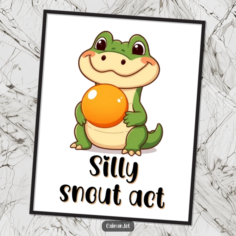 Funny Caiman Poster, a humorous artwork of a caiman with a silly expression, perfectly balancing a round orange fruit on its snout, adding fun to decor.