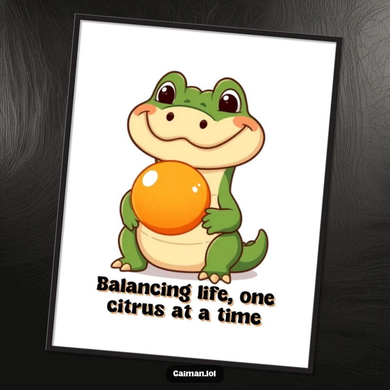 Funny Free Printable Wall Art: A caiman with a silly expression perfectly balancing a round orange fruit on its snout.
