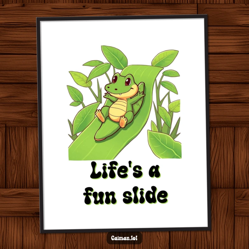 Funny free printable caiman wall art of a caiman playfully sliding down a vibrant, green leafy slide, playful decor.