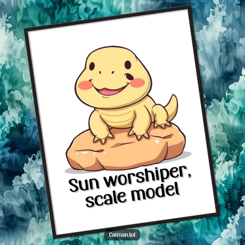 Funny Free Printable Wall Art: A round, friendly reptile with a happy smile sunning itself on a warm stone.