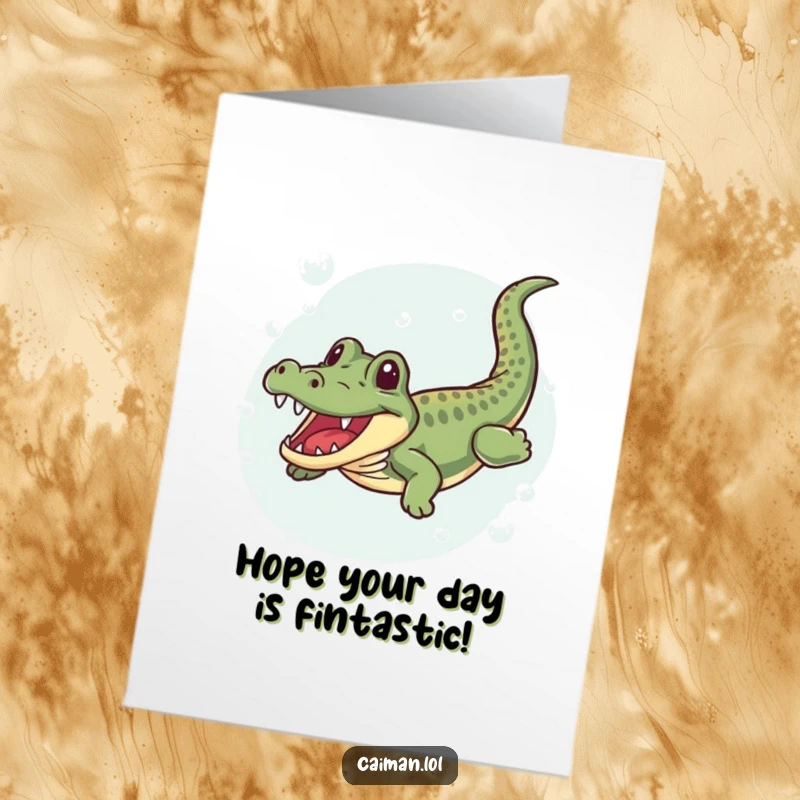 Funny Free Printable Birthday Card: A caiman joyfully wiggling and swimming through bubbly clear water, great DIY.