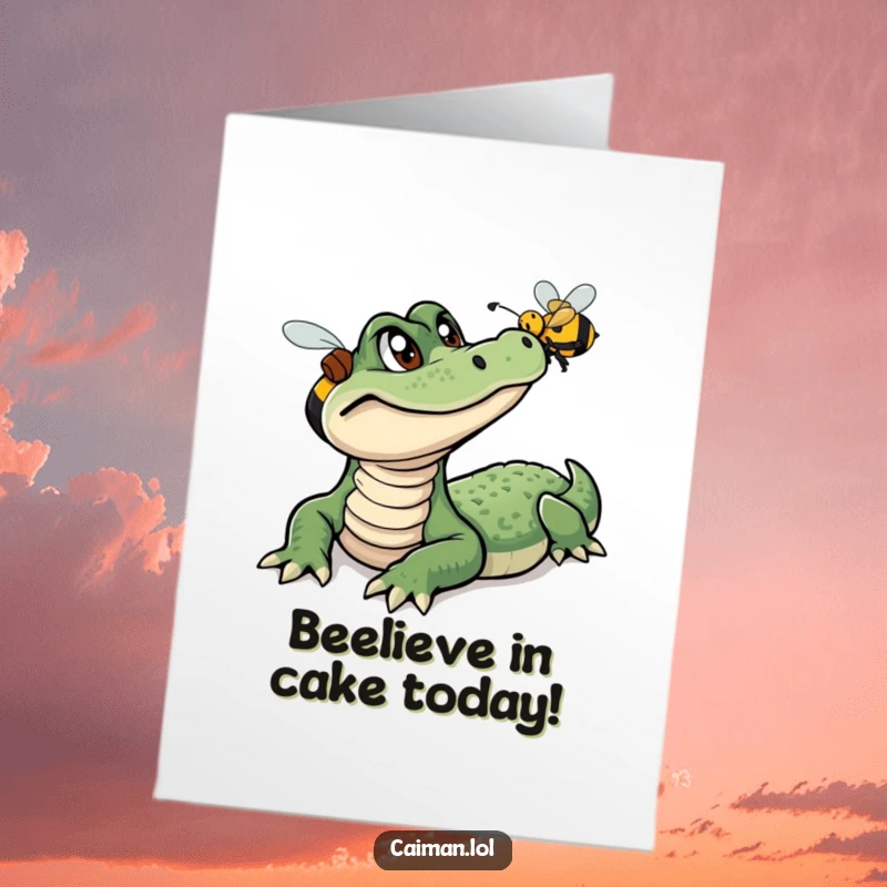 Funny Free Printable Birthday Card: Curious caiman peeking at a buzzing bee, perfect for a unique DIY gift.