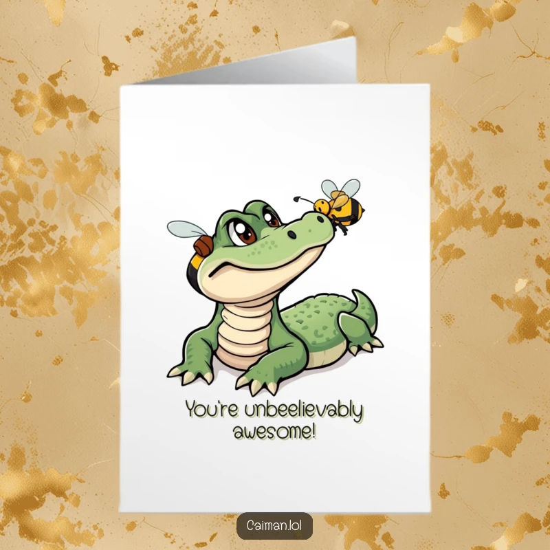 Funny Free Printable Congratulations Card: Caiman curiously stalking a buzzing bee, ideal for a downloadable surprise.