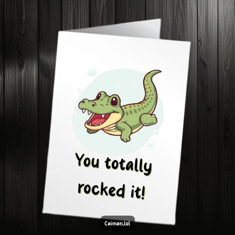 Funny Free Printable Congratulations Card: A caiman doing a joyful wiggle swim in clear bubbly water, unique.