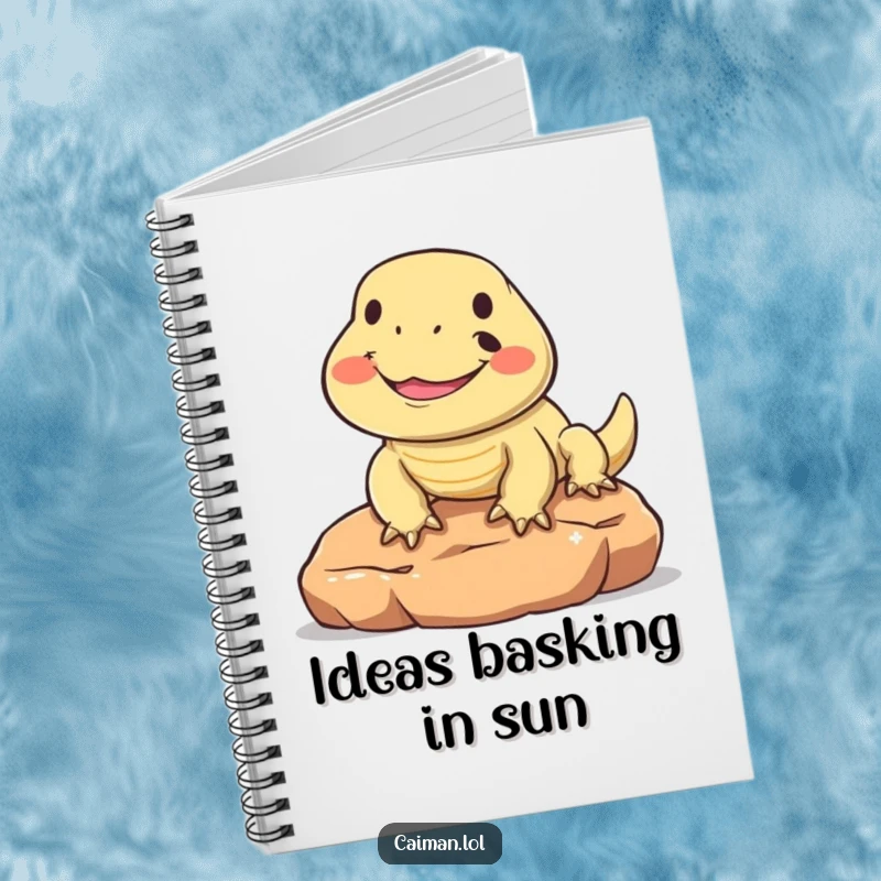 Funny notebook cover with a round, friendly reptile smiling broadly while sunning on a warm stone, inspiring creativity and smiles.