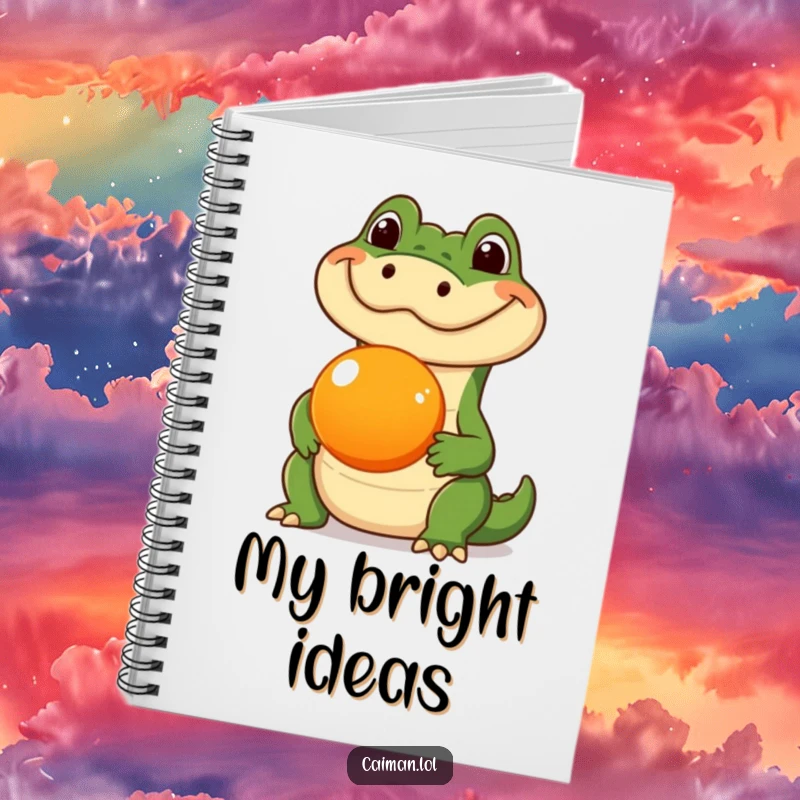 Funny Caiman Notebook, a journal with a humorous cover art of a caiman with a silly expression, balancing a round orange fruit on its snout.