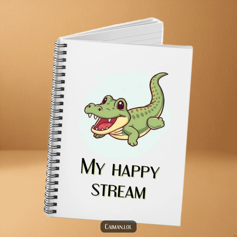 Funny Caiman Notebook, a journal with a humorous cover art of a happy caiman wiggling as it swims through clear, bubbly water.