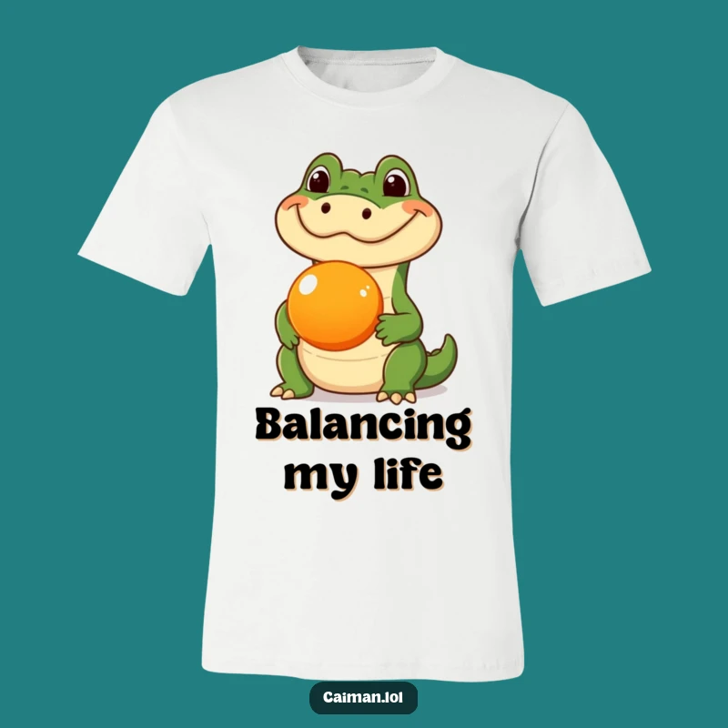 Funny Caiman Fruit Trick T-Shirt: Humorous Reptile Balancing Act Tee Gift