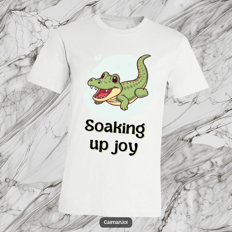 Funny Caiman T-Shirt, a humorous graphic of a caiman joyfully swimming and wiggling through clear, bubbly water, celebrating aquatic freedom.