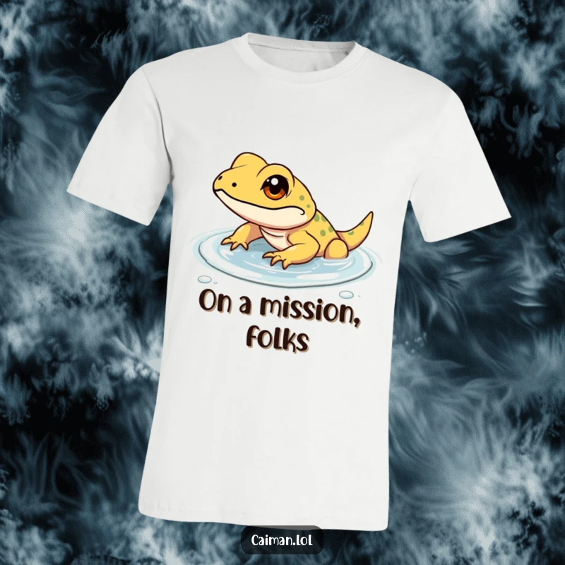Funny t-shirt showing a determined, small reptile with a focused gleam, confidently wading through shallow, clear water, embodying perseverance.