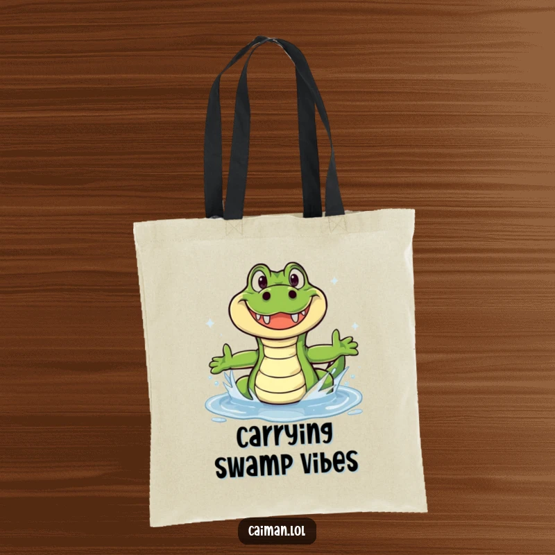 Funny Caiman Tote Bag: A fun tote featuring a funny caiman with a big grin splashing in a sparkling puddle.