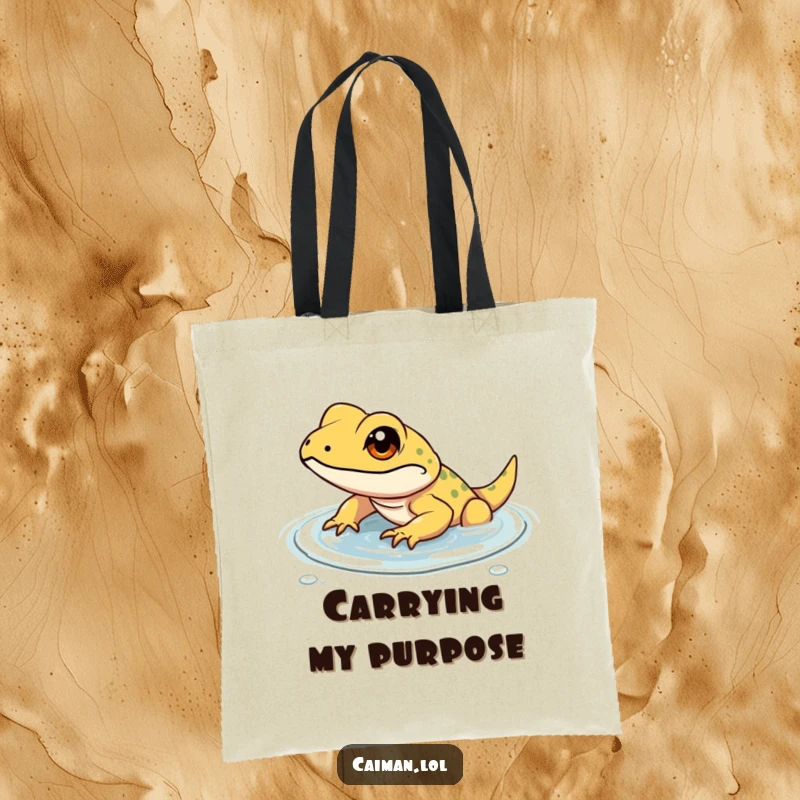 Funny tote bag showing a determined, small reptile with a gleam in its eye, resolutely wading through shallow, clear water, symbolizing purpose.