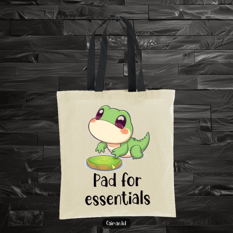 Funny Tote Bag with a chubby, stylized reptile with big, innocent eyes playfully lunging towards a floating lily pad, ready for action.